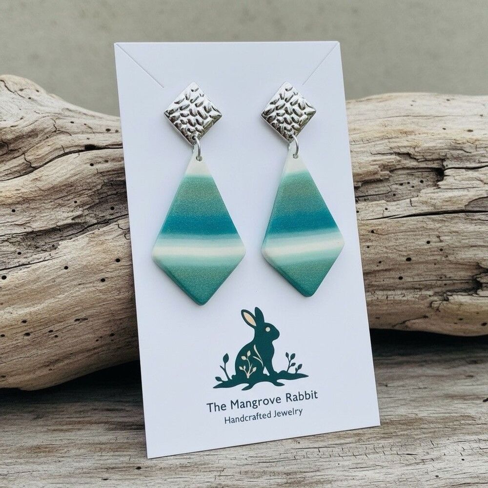 Turquoise Blue Striped Coastal Beach Handmade Polymer Clay Dangle Earrings